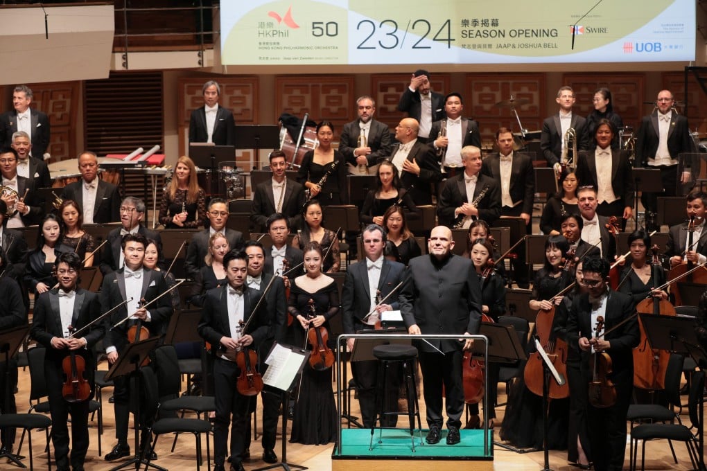 Conductor Jaap van Zweden and the Hong Kong Philharmonic Orchestra receive the applause of the audience at the Hong Kong Cultural Centre Concert Hall following their performance of Tchaikovsky’s Symphony No 4 in the season-opening concert on September 9, 2023. Photo: Keith Hiro/HK Phil