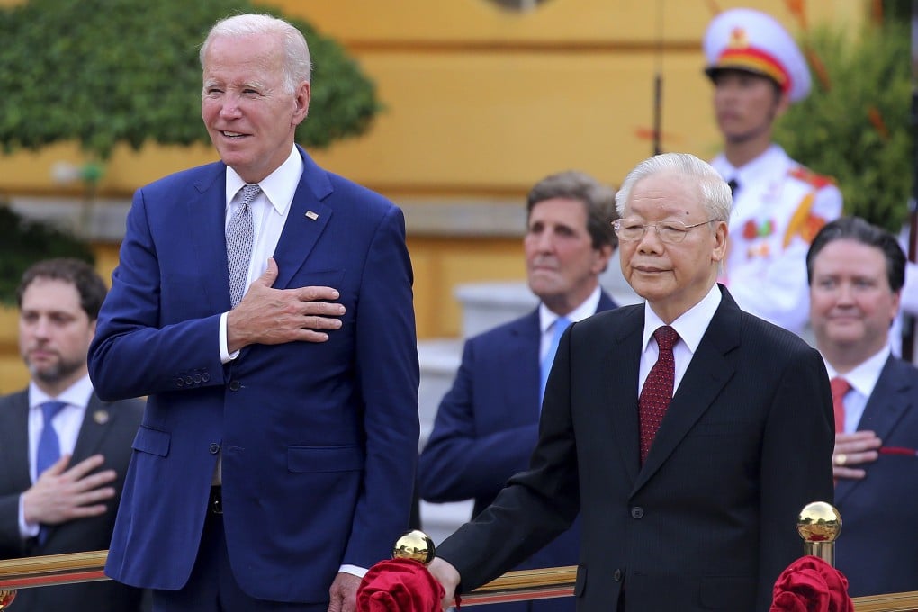 Nguyen Phu Trong, general secretary of the Vietnamese Communist Party (front right), at a welcome ceremony for US President Joe Biden (front left) in Hanoi on Sunday. Photo: AP