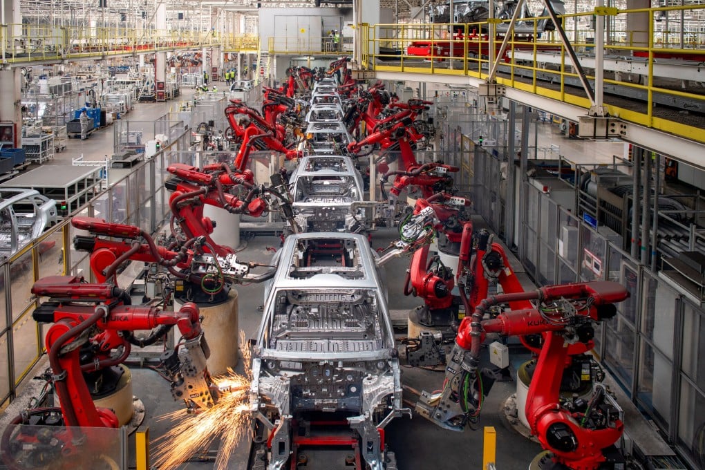 A production line at the Chinese car manufacturer Leapmotor’s EV factory in Jinhua, Zhejiang province. Photo: China Daily via Reuters