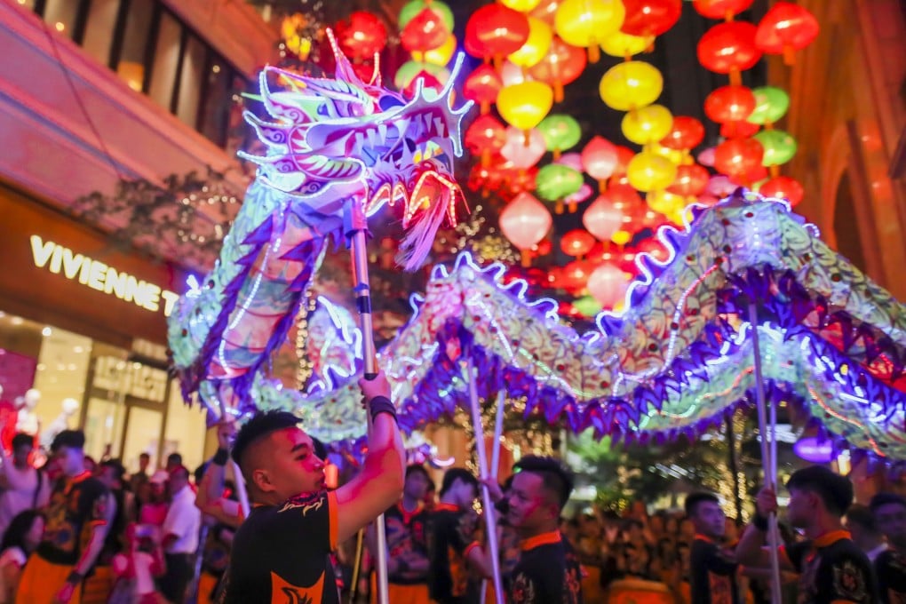 Dragon dancers perform with an 18-metre-long LED dragon at a previous iteration of the “Moon Fest Lumiere” Mid-Autumn Festival celebration at Lee Tung Avenue in Wan Chai, Hong Kong. Photo: Lee Tung Avenue