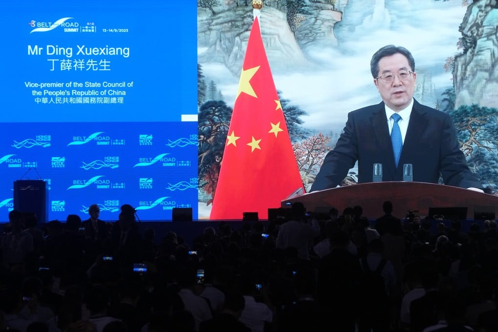 Chinese Vice-Premier Ding Xuexiang, a Politburo Standing Committee member, is shown delivering a pre-recorded speech at the 8th Belt and Road Summit. Photo: Sam Tsang