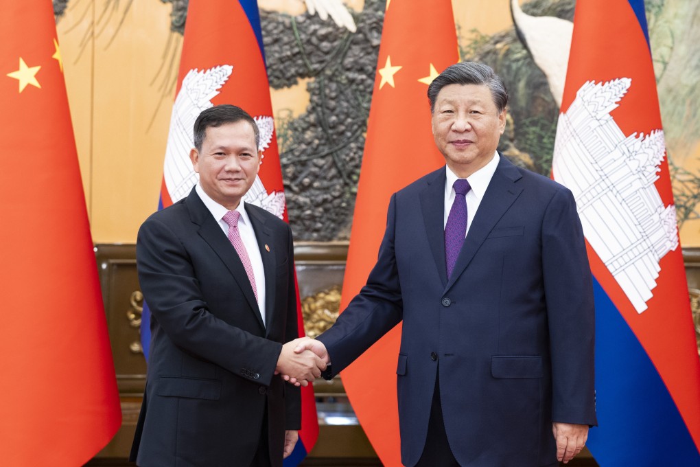 Cambodian Prime Minister Hun Manet (left) shakes hands with Chinese President Xi Jinping during a welcome ceremony in Beijing on Friday. Photo: Xinhua
