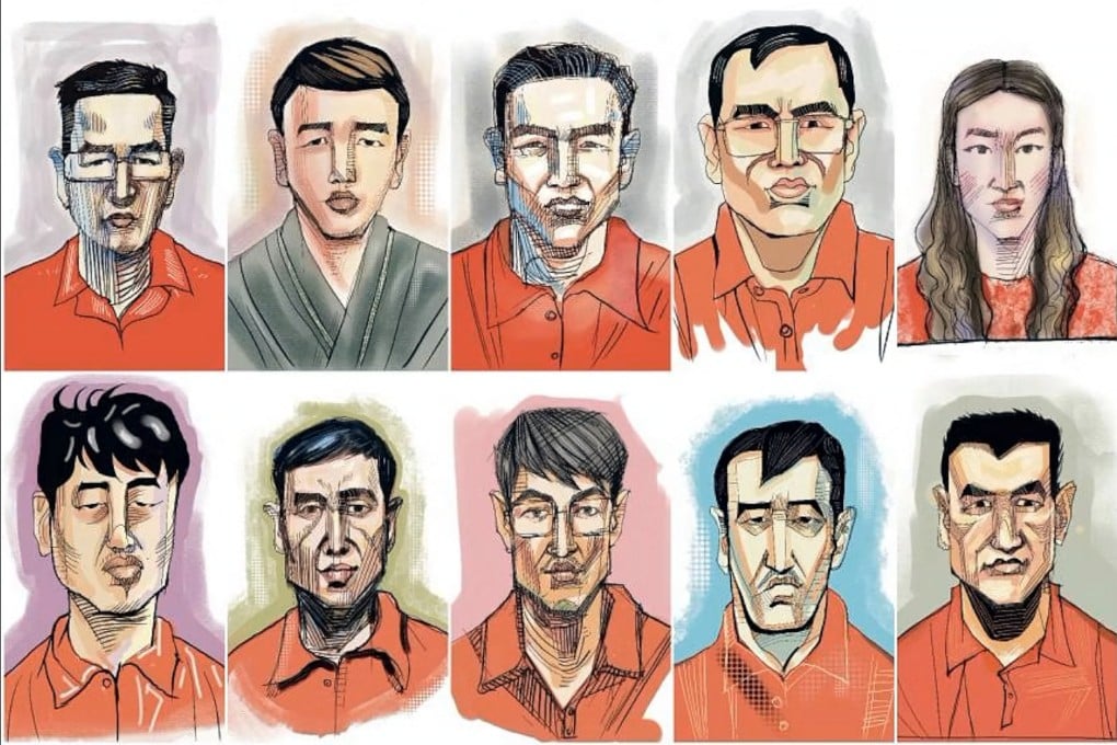 A courtroom sketch of the 10 foreigners accused of being involved in a major money laundering operation in Singapore (clockwise from top left) Su Baolin, Su Haijin, Chen Qingyuan, Su Wenqiang, Lin Baoying, Zhang Ruijin, Wang Dehai, Su Jianfeng, Vang Shuiming and Wang Baosen. Photo: The Straits Times Illustrations via Reuters