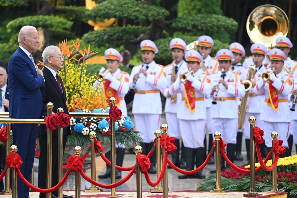 US President Joe Biden attends a welcoming ceremony hosted by Vietnam’s Communist Party General Secretary Nguyen Phu Trong in Hanoi on September 10. Photo: AFP