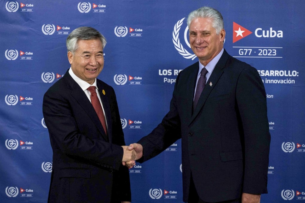 Cuban President Miguel Diaz-Canel (right) welcomes Chinese Politburo Standing Committee member Li Xi to the G77+China, meeting in Havana. Photo: AFP