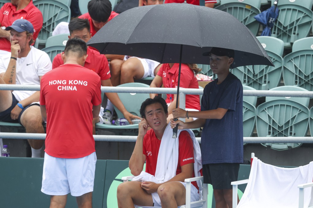 Coleman Wong Chak-lam of Hong Kong takes a break during his Davis Cup match against Martins Rocens at Victoria Park Tennis Stadium, where play is suspended because of rain in Causeway Bay. Photos: Yik Yeung-man
