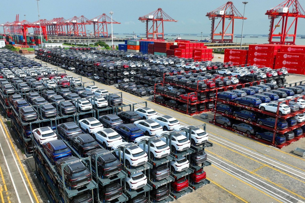 BYD electric cars waiting to be loaded on a ship are stacked at the international container terminal of Taicang Port at Suzhou Port, in China’s eastern Jiangsu province. Photo: AFP