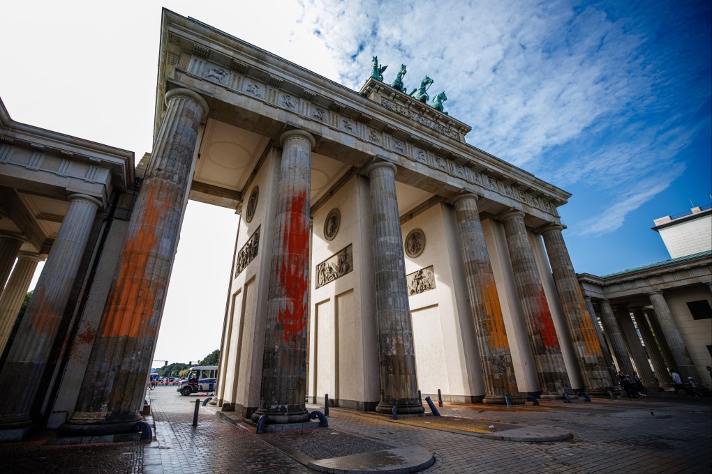 Paint on Berlin’s Brandenburg Gate on Sunday. Photo: EPA-EFE