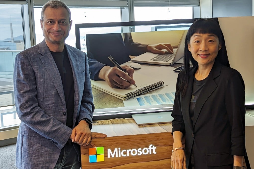 Microsoft Asia president Ahmed Mazhari (left) and Cally Chan, general manager of Microsoft Hong Kong and Macau, meet with the press at the software giant’s offices in Cyberport on September 12, 2023. Photo: Matt Haldane