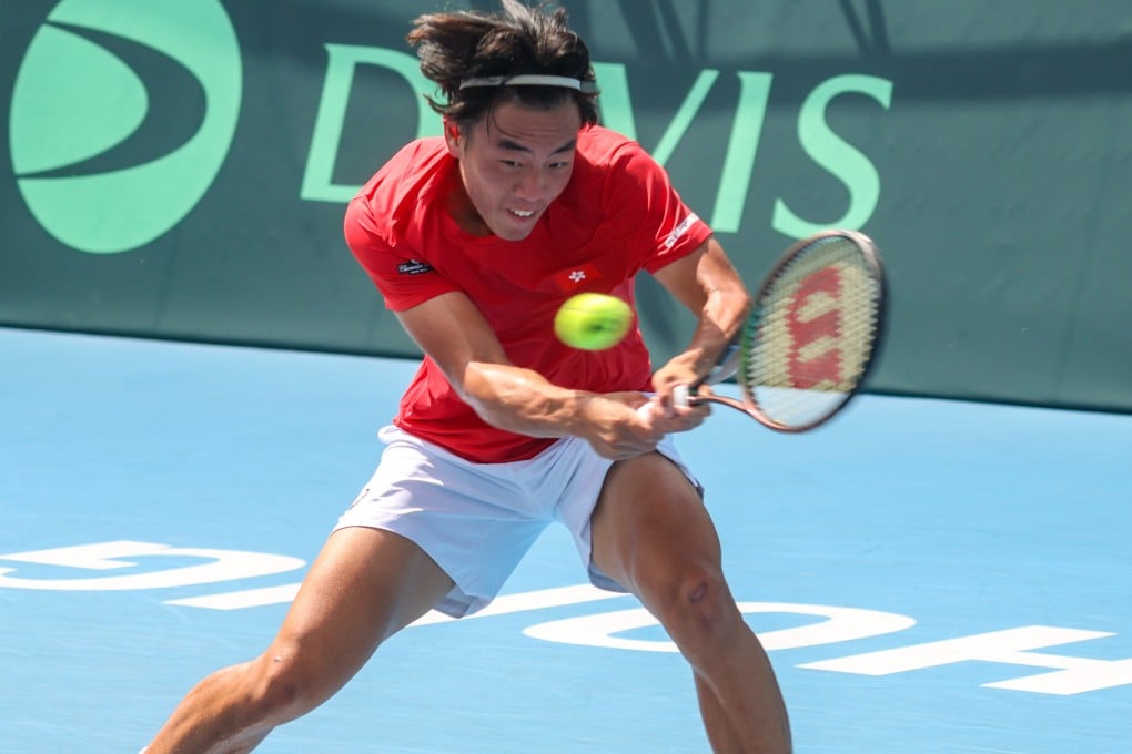 Coleman Wong of Hong Kong plays a shot against Robert Strombachs of Latvia during the Davis Cup tie at Victoria Park Tennis Stadium. Photos: Yik Yeung-man