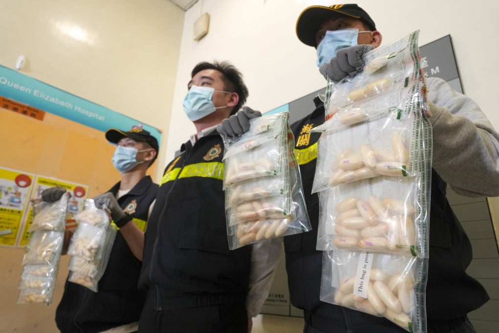 Hong Kong customs displays cocaine a passenger allegedly had hidden in his body as he arrived at the airport earlier this year. Photo: Sam Tsang