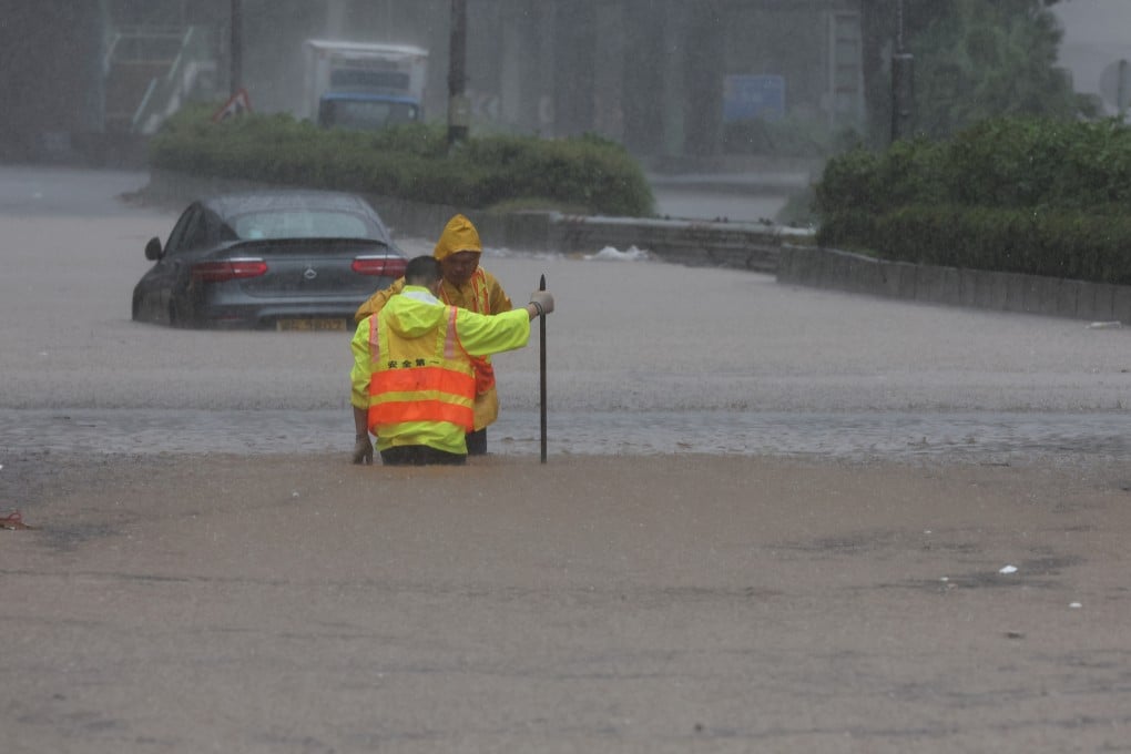 Lung Cheung Road is flooded during a black rainstorm warning in Wong Tai Sin on September 8. Photo: Edmond So