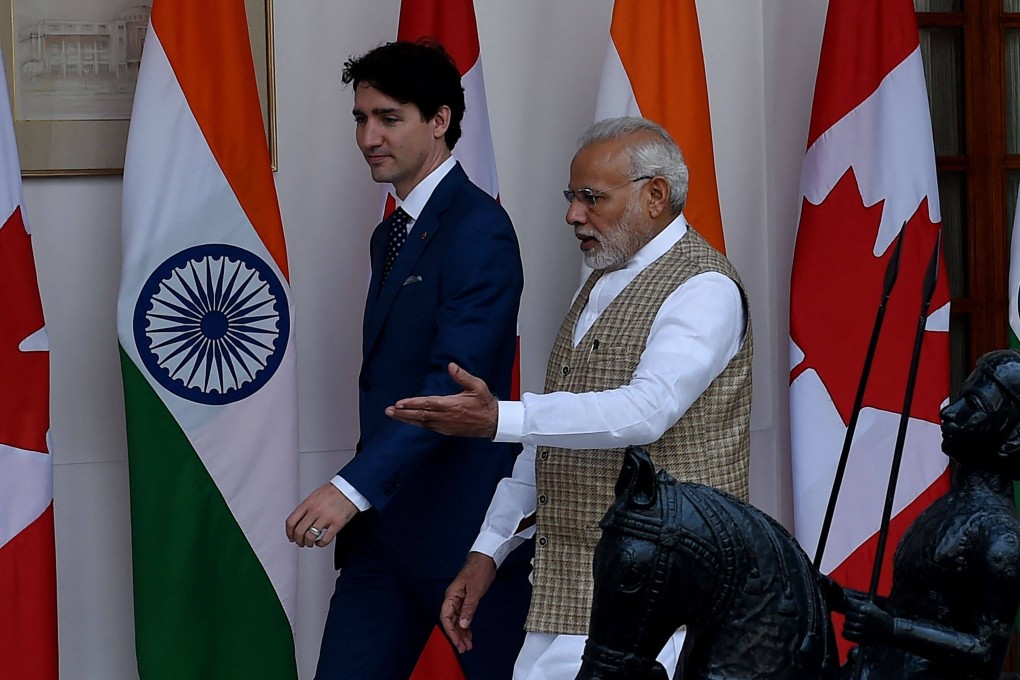 Canadian PM Justin Trudeau and Indian PM Narendra Modi in New Delhi in 2018. Both countries are having a deepening row over the killing of a Canadian Sikh leader near Vancouver last June. Photo: AFP