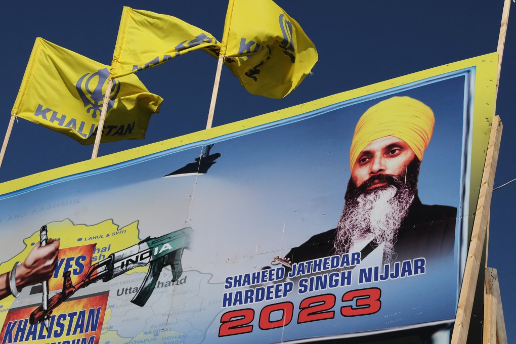 A mural featuring the image of late Sikh leader Hardeep Singh Nijjar, who was slain in Canada earlier this year, is seen in British Columbia on Monday. Photo: Reuters
