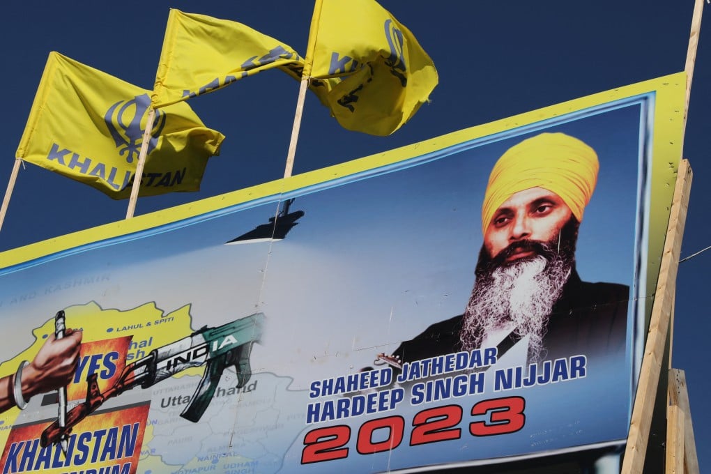 A mural featuring the image of late Sikh leader Hardeep Singh Nijjar, who was slain in Canada earlier this year, is seen in British Columbia on Monday. Photo: Reuters