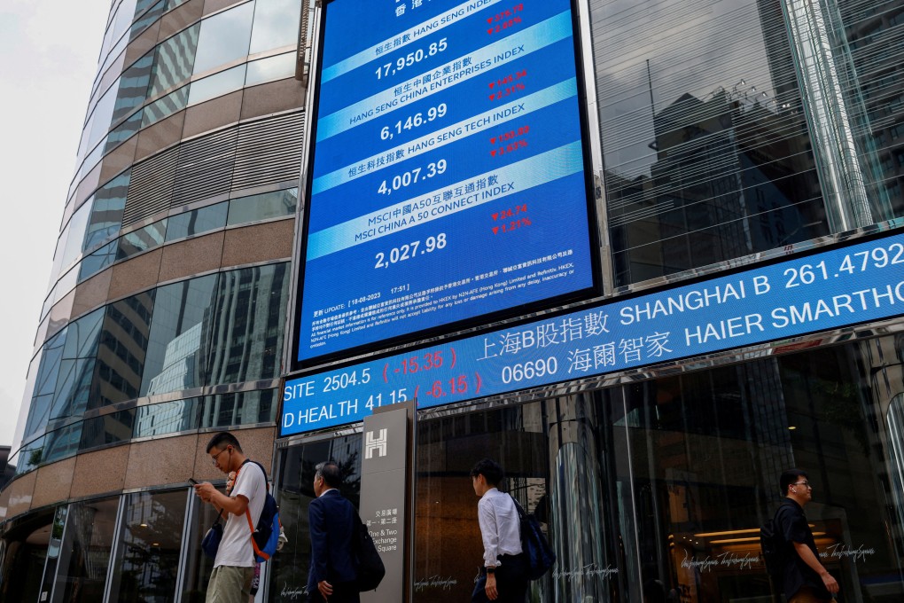 Screens showing the Hang Seng stock index and stock prices outside the Exchange Square in Central, Hong Kong in August 2023. Photo: Reuters