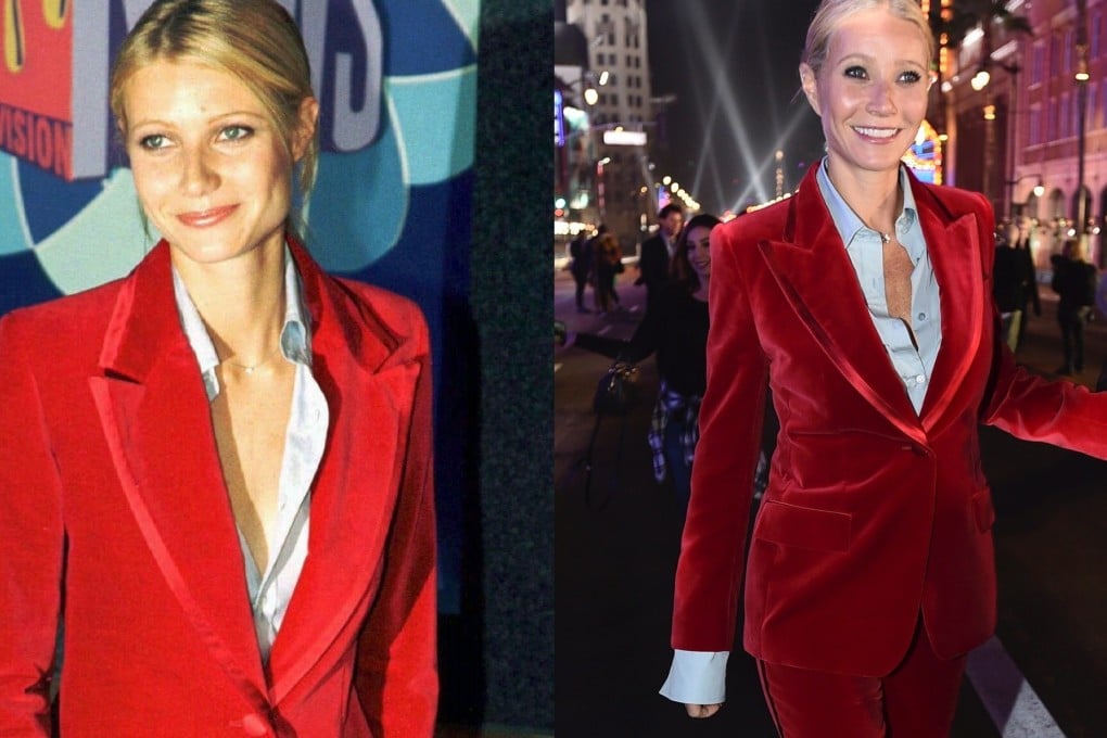Gwyneth Paltrow in 1996 and 2021. She is wearing a Gucci velvet suit in both. Styles popular in the 1990s are back in fashion as Gen Z consumers explore them.