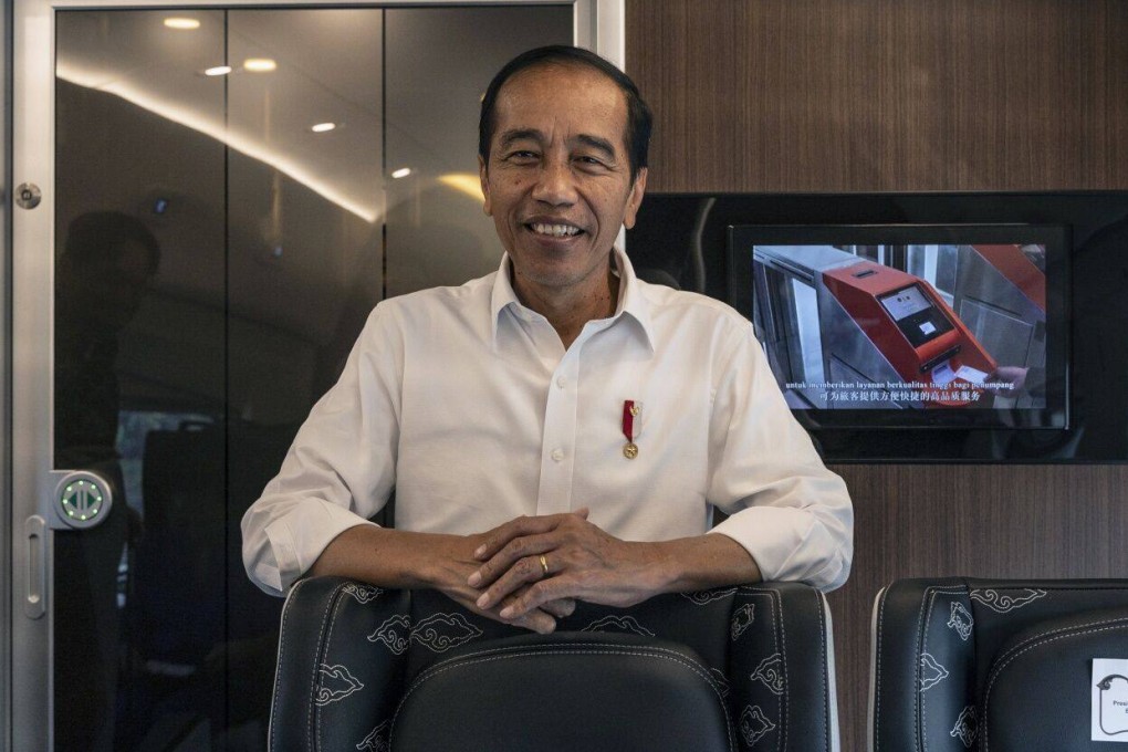 Indonesian President Joko Widodo pictured on board a Jakarta-Bandung High-Speed Railway train in Bandung on Tuesday. Photo: Bloomberg