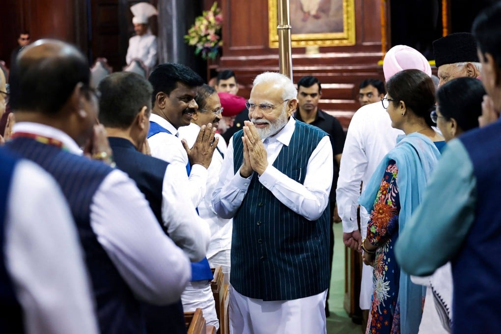 India’s Prime Minister Narendra Modi meeting MPs in the Old Parliament building in New Delhi. The revival of the bill comes months before general elections are due by May 2024 when Modi seeks a third term. Photo: AFP Indian Press Information Bureau