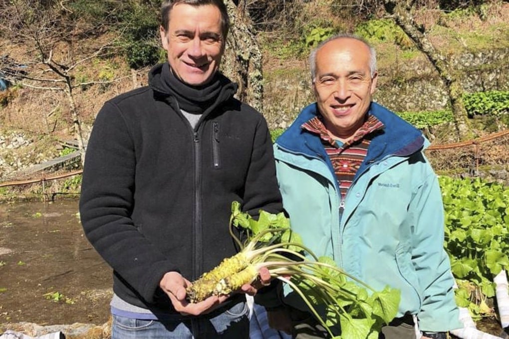 The Wasabi Company CEO Jon Old (left) learns from Kichiei San, wasabi grower, during a recent Japan trip. Photo: Instagram/@wasabigrowersuk