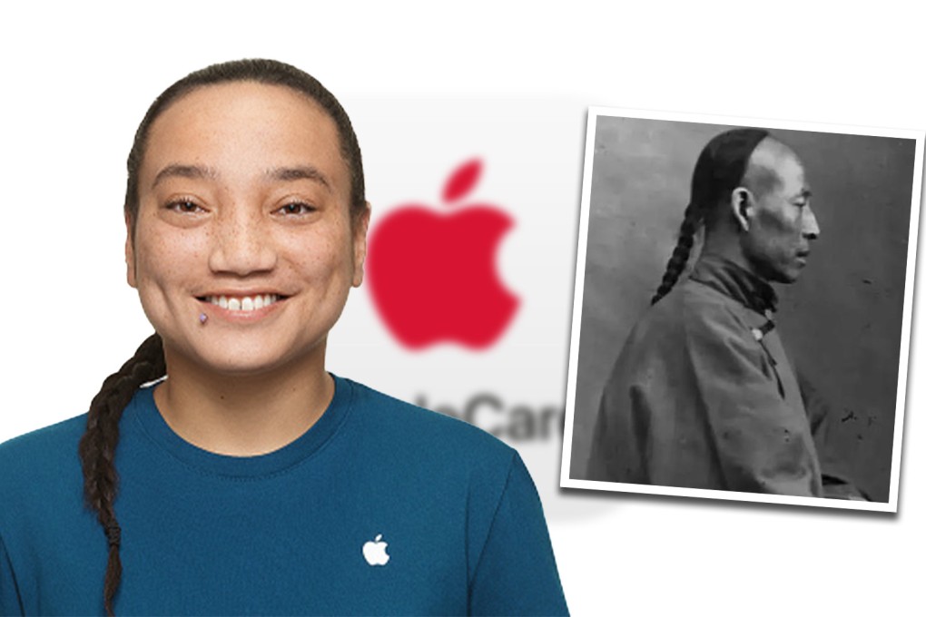 A photo of an Apple customer service assistant sporting a long hair braid on their website has ignited a debate in China. Photo: SCMP composite/Apple.com/sina.com