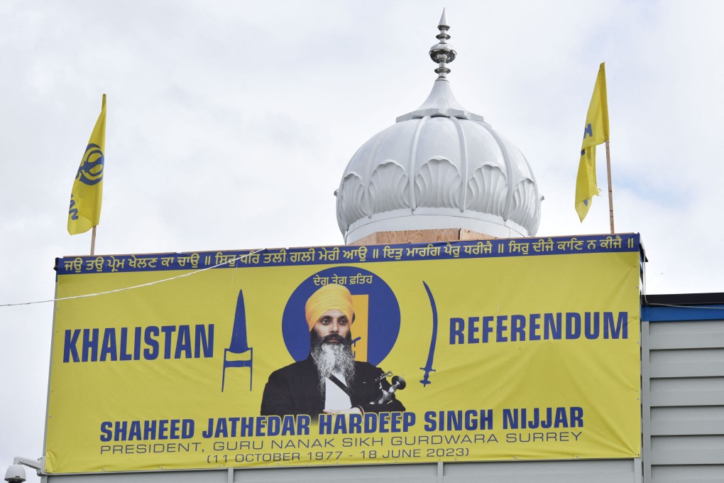 An image of Hardeep Singh Nijjar is displayed at the Guru Nanak Sikh Gurdwara temple in Surrey, British Columbia, Canada on Tuesday. Photo: AFP