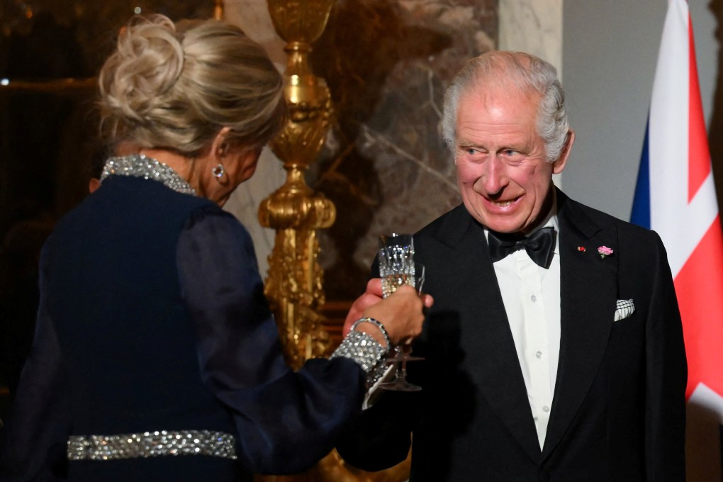 Britain’s King Charles toasts with French president’s wife, Brigitte Macron, during a state banquet at the Palace of Versailles on Wednesday. Photo: Reuters