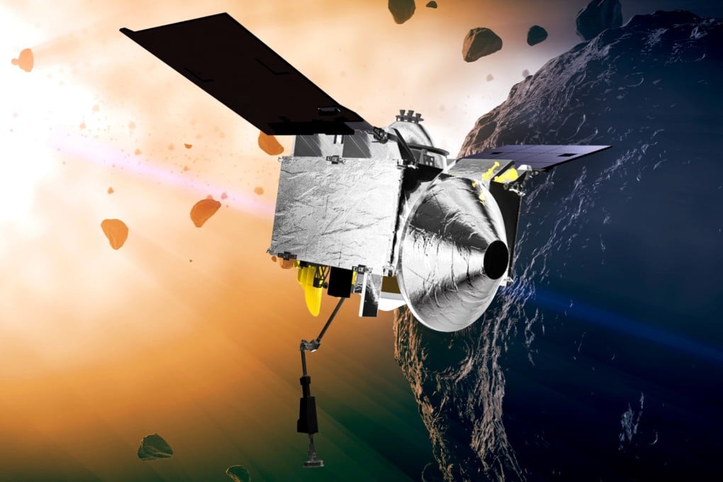 Illustration depicts the OSIRIS-REx spacecraft at asteroid Bennu. On Sunday, the spacecraft will fly by Earth and drop off asteroid material. File photo: Nasa