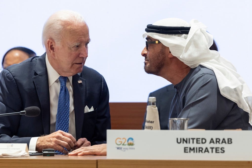 US President Joe Biden interacts with UAE President Sheikh Mohamed bin Zayed Al Nahyan at the India-Middle East-Europe Economic Corridor meeting on the sidelines of the G20 Summit in New Delhi on September 9. Photo: UAE Presidential Court Handout via EPA-EFE