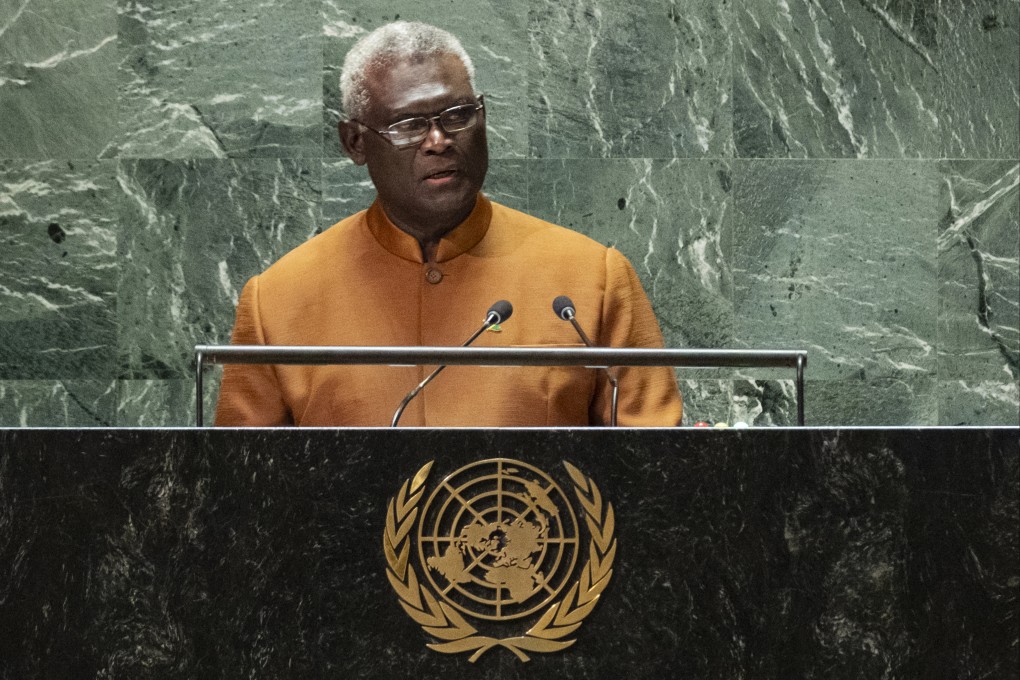 Prime Minister of Solomon Islands Manasseh Sogavare addresses the 78th session of the United Nations General Assembly on Friday. Photo: AP