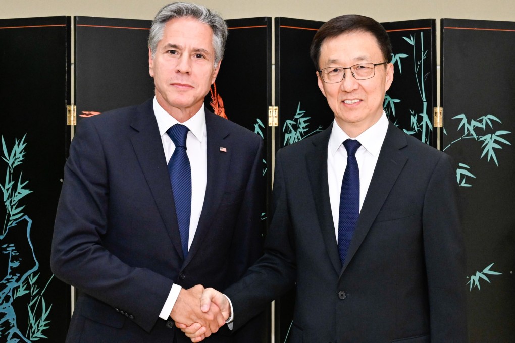 US Secretary of State Antony Blinken and Chinese Vice-President Han Zheng in New York on Monday. Photo: Xinhua