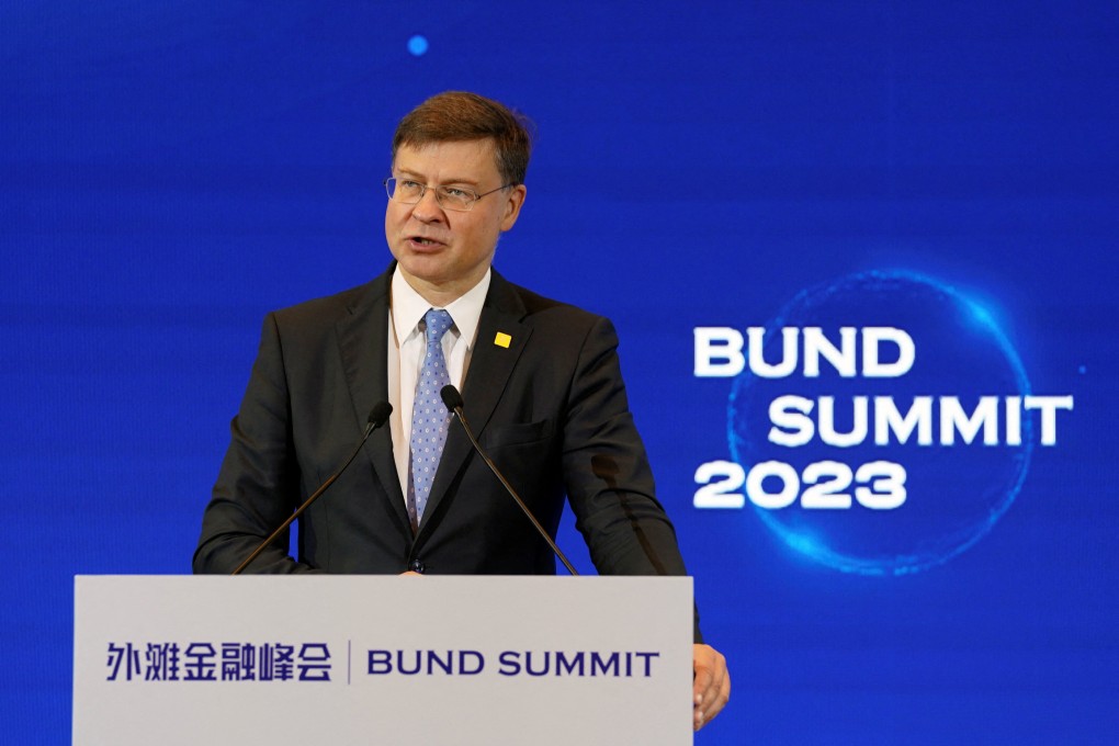 EU trade chief Valdis Dombrovskis speaks at the Bund Summit in Shanghai on Saturday. Photo: Reuters