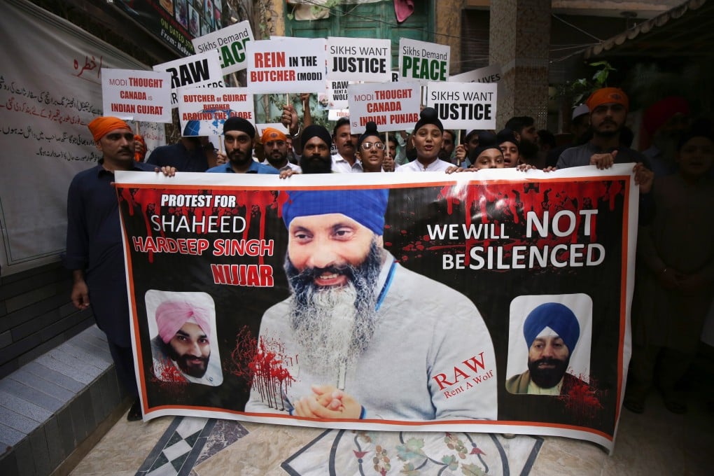 Pakistani Sikhs protesting in Lahore on Wednesday against India over the murder of Hardeep Singh Nijjar in Canada. Photo: EPA-EFE