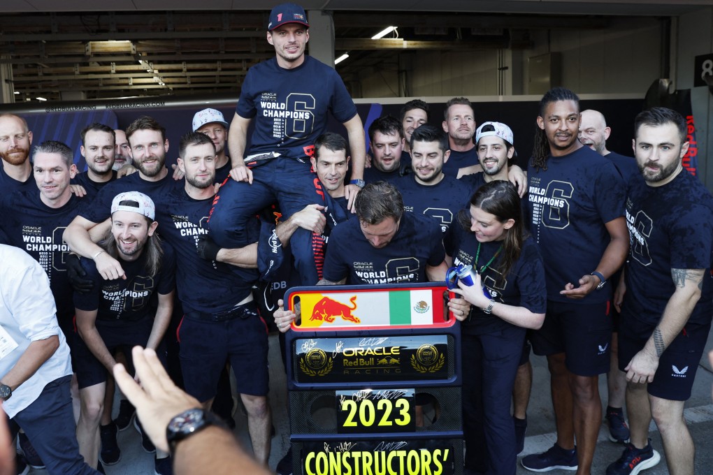 Max Verstappen is chaired by his Red Bull team as they celebrate winning the constructors’ championship. Photo: Reuters