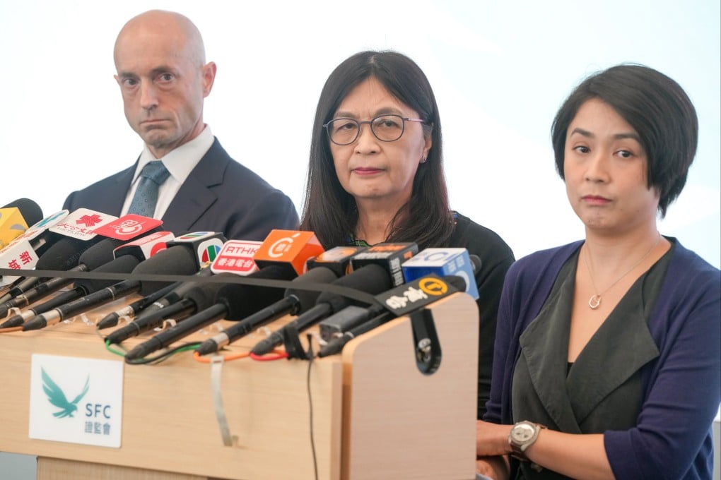 (From left) SFC’s executive director of enforcement Christopher Wilson, chief executive officer Julia Leung and head of fintech unit Elizabeth Wong, at a press conference on September 25, 2023. Photo: Sam Tsang