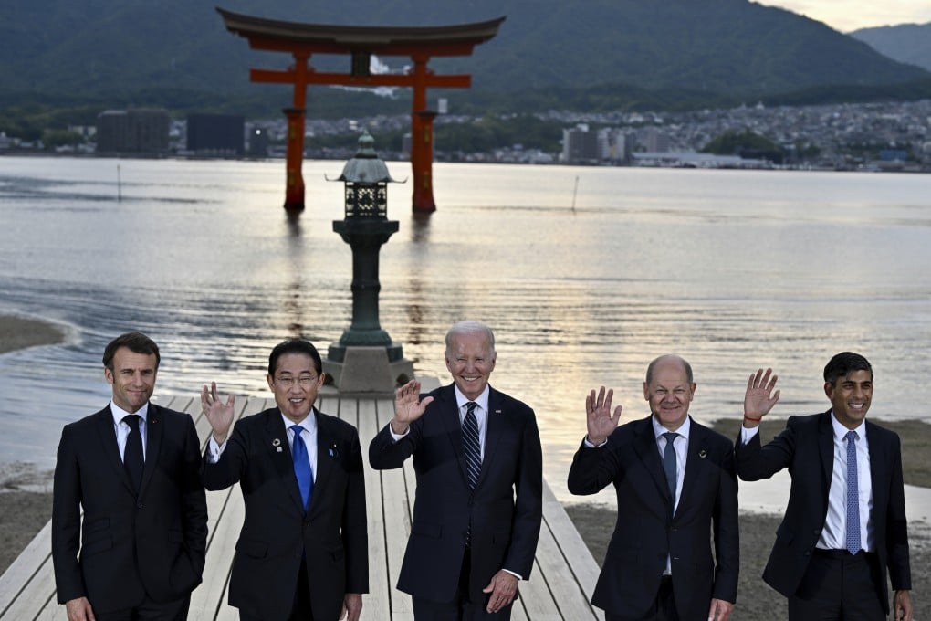 From the left, French President Emmanuel Macron, Japan’s Prime Minister Fumio Kishida, US President Joe Biden, Germany’s Chancellor Olaf Scholz and Britain’s Prime Minister Rishi Sunak visit the Itsukushima shrine on Miyajima island in Hatsukaichi, Hiroshima, on May 19. Western governments want to reduce their exposure to security risks inherent in economic exchanges with China. But how to get there is a different story.
Photo: AP