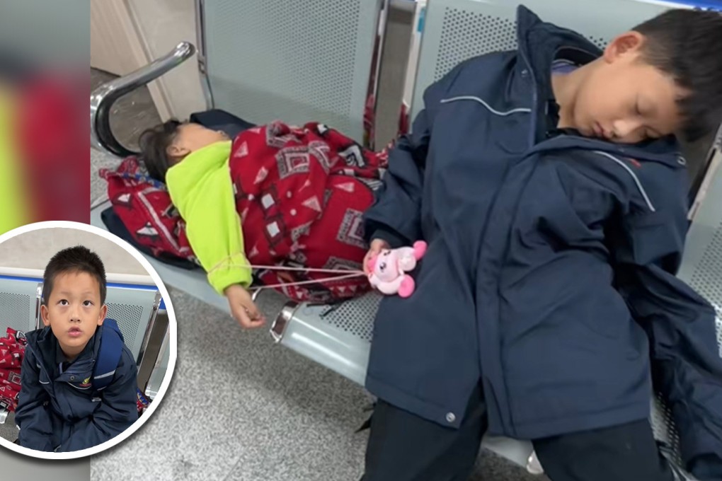The story of an eight-year-old boy in China who tied himself to his three-year-old sister in hospital as they waited for their abused mother to undergo a medical check up has moved many people on mainland social media. Photo: SCMP composite/Douyin