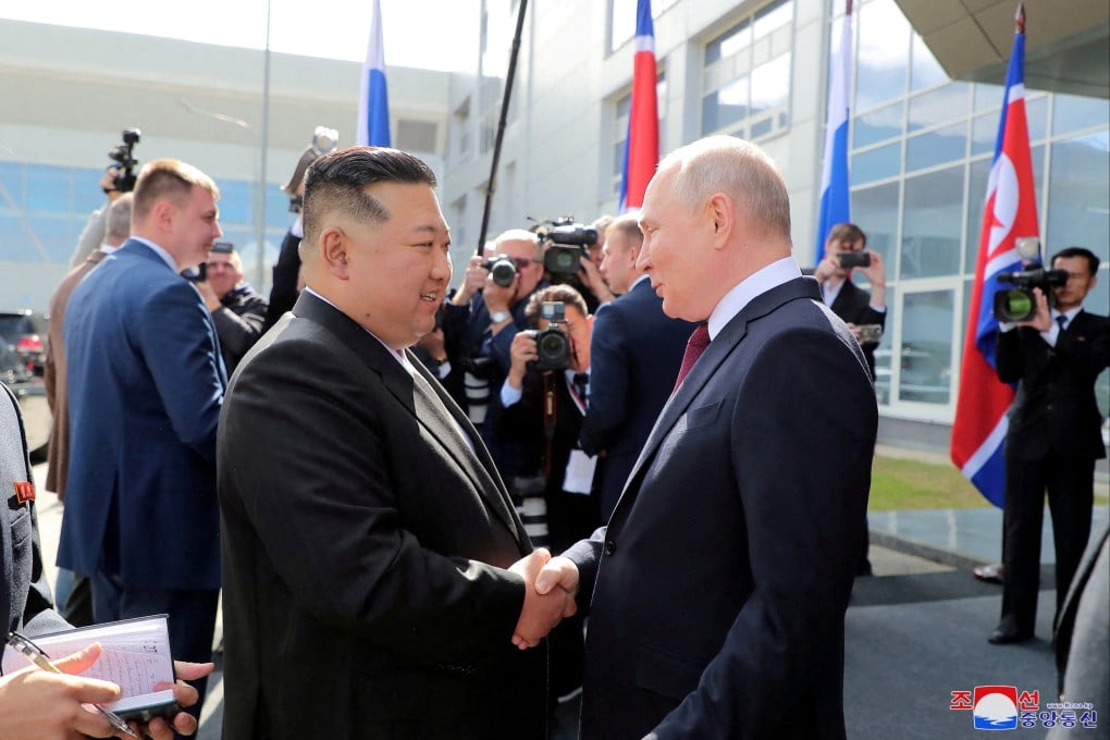 North Korean leader Kim Jong-un meets Russian President Vladimir Putin at the Vostochny Cosmodrome in the Amur Oblast of the Far East Region, Russia, on September 13. Photo: KCNA/Reuters