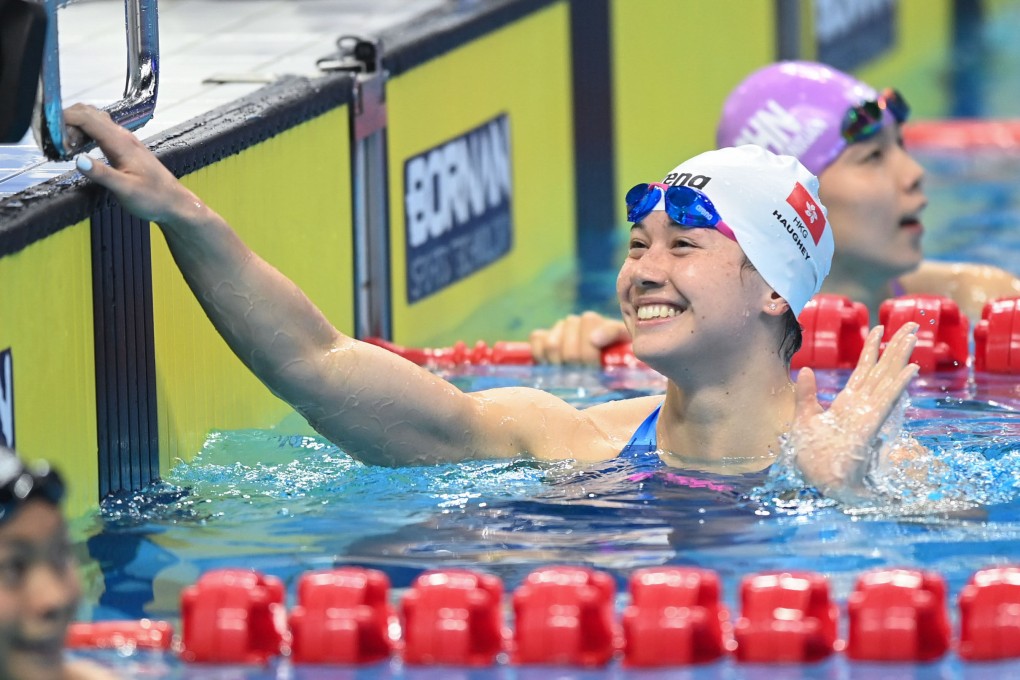 Siobhan Haughey smiles after setting a new personal best by winning gold in the women’s 100m freestyle final at the Hangzhou Asian Games. Photo: Xinhua