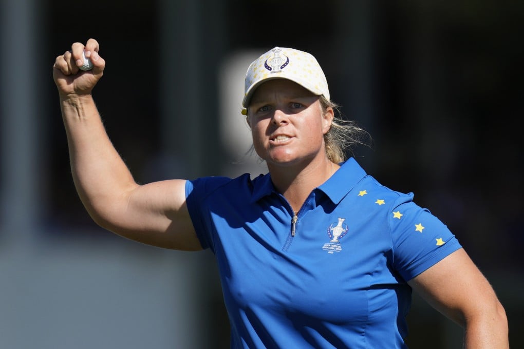 Europe’s Caroline Hedwall celebrates at the sixteenth hole during her singles match at the Solheim Cup. Photo: AP