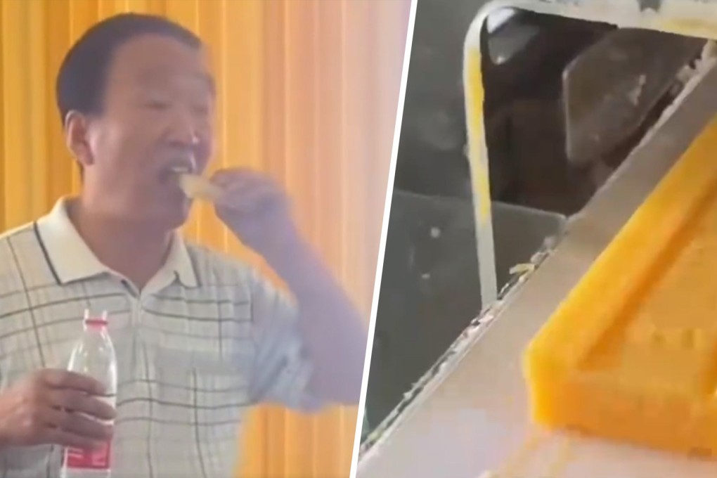 Qi Dexi, chairman of Hongwei Soap Enterprise in Inner Mongolia autonomous region, flimed eating a bar of soap during a live-streaming session in an attempt to prove it was safe and of high quality. Photo: SCMP composite/Baidu