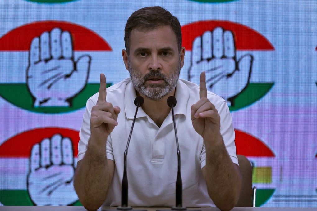 Rahul Gandhi, leader of India’s main opposition Congress party, addresses the media in New Delhi. He has said his party is leading in three of five state elections that are coming up from November to December. Photo: Reuters