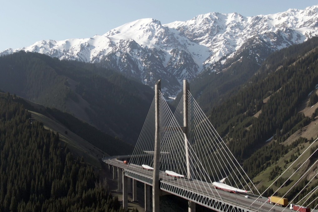 Vehicles transporting Chinese components to Kazakhstan for a 50MW wind power project are seen on the Guozigou Bridge in Huocheng County, in the Xinjiang Uyghur Autonomous Region, on April 24, 2020. Kazakhstan is a key part of China’s Belt and Road Initiative. Photo: Xinhua