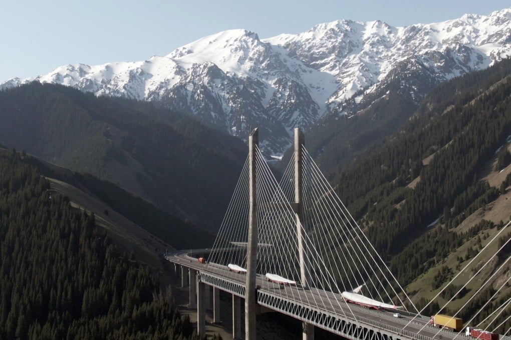 Vehicles transporting Chinese components to Kazakhstan for a 50MW wind power project are seen on the Guozigou Bridge in Huocheng County, in the Xinjiang Uyghur Autonomous Region, on April 24, 2020. Kazakhstan is a key part of China’s Belt and Road Initiative. Photo: Xinhua