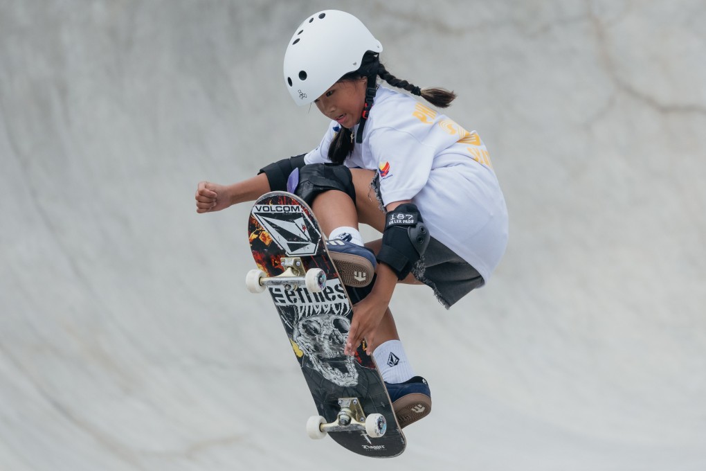 Philippines’ Mazel Alegado competes in the women’s park final at only nine years old. Photo: EPA-EFE