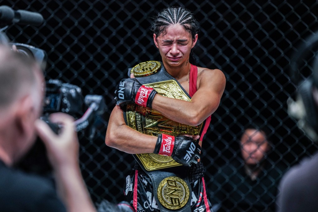 Allycia Helen Rodrigues celebrates after her win over Janet Todd at ONE Fight Night 8 in Singapore.