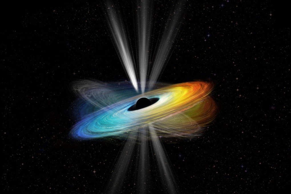 Artist’s image of the black hole’s wobbling jets. Photo: Handout