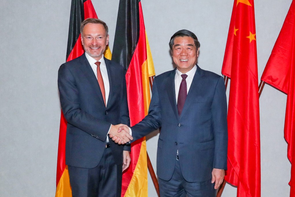Chinese Vice-Premier He Lifeng (right) and German Finance Minister Christian Lindner prepare for talks in Frankfurt on Sunday. Photo: Xinhua