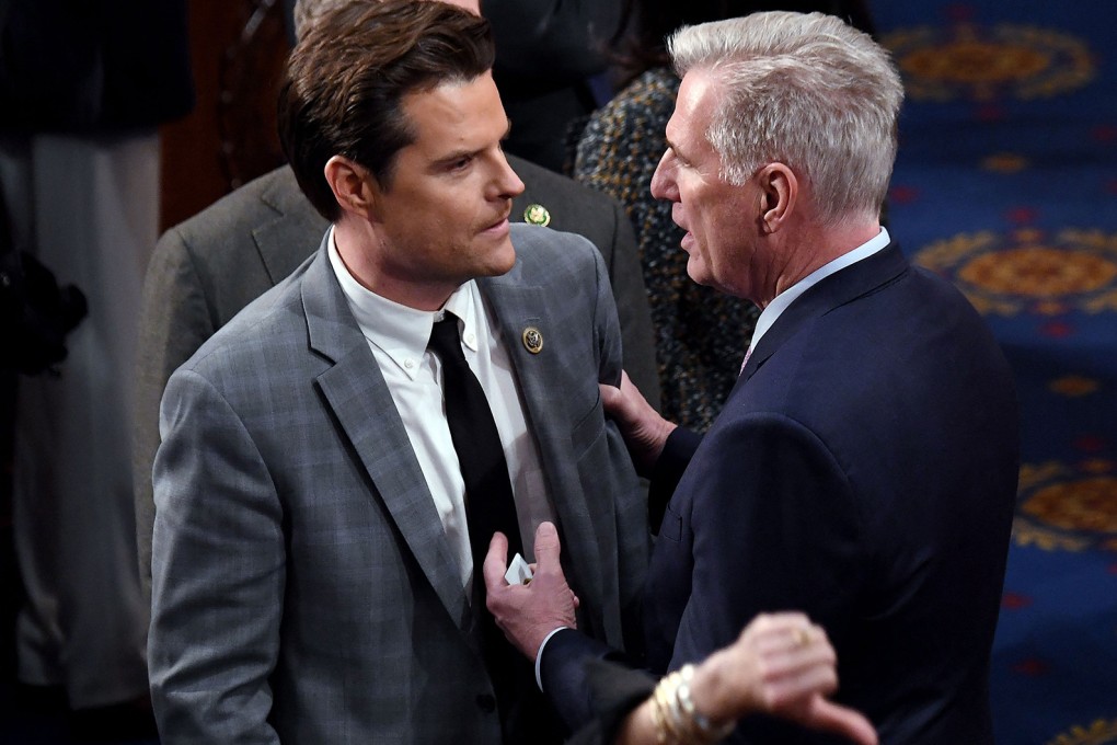 Congressmen Matt Gaetz and Kevin McCarthy having words during the tumultuous speaker’s race in January. File photo: TNS