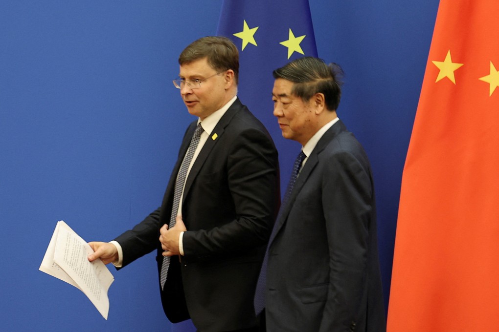 EU trade chief Valdis Dombrovskis (left), shown here last month with Chinese Vice-Premier He Lifeng, has emphasised that the bloc wants to maintain strong business ties with China. Photo: Reuters